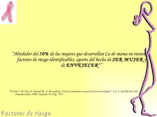 “ Alrededor del  50%  de las mujeres que desarrollan Ca de mama no tienen factores de riesgo identificables, aparte del hecho de  SER MUJER  y de  ENVEJECER *” * Vicent T. De Vita, Jr. Samuel H., A. Rosemberg “Cáncer principios y practica de la oncológica” Vol.  2 , 5ta Edición, ED. Panamericana, 2000, Capitulo  36 , Pág.  1557   Factores de riesgo 