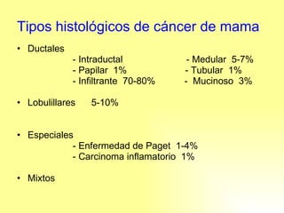 Tipos histológicos de cáncer de mama Ductales - Intraductal  - Medular  5-7% - Papilar  1%  - Tubular  1% - Infiltrante  70-80%  -  Mucinoso  3% Lobulillares  5-10% Especiales - Enfermedad de Paget  1-4% - Carcinoma inflamatorio  1% Mixtos 