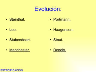 Evolución: Steinthal. Lee. Stubendoart. Manchester. Portmann. Haagensen. Stout. Denoix. ESTADIFICACIÒN 