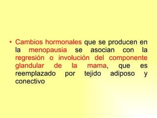 Cambios hormonales  que se producen en la  menopausia  se asocian con la  regresión o involución del componente glandular de   la mama , que es reemplazado por tejido adiposo y conectivo 