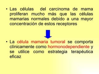 Las células  del carcinoma de mama proliferan mucho más que las células mamarias normales debido a una mayor concentración de estos receptores La  célula mamaria tumoral  se comporta clínicamente como  hormonodependiente  y se utilice como estrategia terapéutica eficaz 