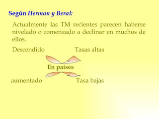Actualmente las TM recientes parecen haberse nivelado o comenzado a declinar en muchos de ellos. Según  Hermon y Beral: En países Tasas altas Tasa bajas aumentado Descendido  