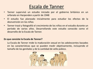 Escala de Tanner 
• Tanner supervisó un estudio iniciado por el gobierno británico en un 
orfanato en Harpenden a partir de 1948 
• El estudio fue planeado inicialmente para estudiar los efectos de la 
desnutrición en los niños 
• Tanner trazó y fotografió el crecimiento de los niños en el estudio durante un 
período de varios años. Desarrollando este estudio conocido como el 
desarrollo de la Escala de Tanner. 
En que consiste la Escala de Tanner? 
La Escala de Tanner mide la maduración sexual en los adolescentes basados 
en las características que se pueden medir objetivamente, incluyendo el 
tamaño de los genitales y de la cantidad de vello púbico. 
 