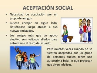 • Necesidad de aceptación por un 
grupo de amigos. 
• Buscan encajar en algún lado, 
sintiéndose luego atados a sus 
nuevas amistades. 
• Los amigos más que un apoyo 
afectivo son valiosos aliados para 
enfrentarse al resto del mundo. 
Pero muchas veces cuando no se 
sienten aceptados por un grupo 
de personas suelen tener una 
autoestima baja, lo que provocan 
que vivan infelices. 
 