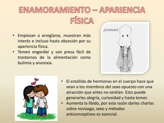 • Empiezan a arreglarse, muestran más 
interés e incluso hasta obsesión por su 
apariencia física. 
• Temen engordar y son presa fácil de 
trastornos de la alimentación como 
bulimia y anorexia. 
• El estallido de hormonas en el cuerpo hace que 
vean a los miembros del sexo opuesto con una 
atracción que antes no sentían. Esto puede 
generarles alegría, curiosidad y hasta temor. 
• Aumenta la libido, por esta razón darles charlas 
sobre noviazgo, sexo y métodos 
anticonceptivos es esencial. 
 