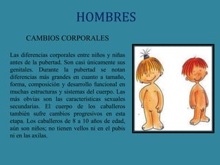 HOMBRES 
CAMBIOS CORPORALES 
Las diferencias corporales entre niños y niñas 
antes de la pubertad. Son casi únicamente sus 
genitales. Durante la pubertad se notan 
diferencias más grandes en cuanto a tamaño, 
forma, composición y desarrollo funcional en 
muchas estructuras y sistemas del cuerpo. Las 
más obvias son las características sexuales 
secundarias. El cuerpo de los caballeros 
también sufre cambios progresivos en esta 
etapa. Los caballeros de 8 a 10 años de edad, 
aún son niños; no tienen vellos ni en el pubis 
ni en las axilas. 
 