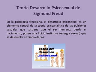 Teoría Desarrollo Psicosexual de 
Sigmund Freud 
En la psicología freudiana, el desarrollo psicosexual es un 
elemento central de la teoría psicoanalítica de las pulsiones 
sexuales que sostiene que el ser humano, desde el 
nacimiento, posee una libido instintiva (energía sexual) que 
se desarrolla en cinco etapas 
 