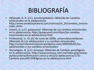 BIBLIOGRAFÍA 
• Ablanedo, D. R. (s.f.). zonahospitalaria. Obtenido de Cambios 
emocionales en la adolescencia: 
http://www.zonahospitalaria.com/noticias/zh_20/cambios_emocio 
nales.shtml 
• Juvenil, G. (s.f.). guiajuvenil. Obtenido de Los cambios emocionales 
en la adolescencia: http://guiajuvenil.com/hijos/los-cambios-emocionales- 
en-la-adolescencia.html 
• Profesional, U. -O. (01 de Junio de 2009). universitasorientacion. 
Obtenido de Los adolescentes y su cambios emocionales: 
http://universitasorientacion.wordpress.com/2009/06/01/los-adolescentes- 
y-sus-cambios-emocionales/ 
• Tecnologías, N. (s.f.). tareasya. Obtenido de Cambios psicológicos 
en la adolescencia: http://www.tareasya.com.mx/index.php/tareas-ya/ 
secundaria/formacion-civica-y-etica/la-adolescencia/1731- 
Cambios-psicol%C3%B3gicos-en-la-adolescencia.html 
 