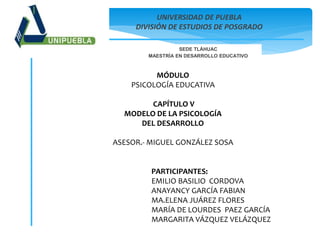 UNIVERSIDAD DE PUEBLA
DIVISIÓN DE ESTUDIOS DE POSGRADO
SEDE TLÁHUAC
MAESTRÍA EN DESARROLLO EDUCATIVO
MÓDULO
PSICOLOGÍA EDUCATIVA
CAPÍTULO V
MODELO DE LA PSICOLOGÍA
DEL DESARROLLO
ASESOR.- MIGUEL GONZÁLEZ SOSA
PARTICIPANTES:
EMILIO BASILIO CORDOVA
ANAYANCY GARCÍA FABIAN
MA.ELENA JUÁREZ FLORES
MARÍA DE LOURDES PAEZ GARCÍA
MARGARITA VÁZQUEZ VELÁZQUEZ
 