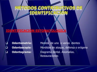 IDENTIFICACIÓN ESTOMATOLÓGICA


   Odontometría:   Medida de uno o varios dientes
   Odontoscopía:   Mordidas de ataque, defensa o erógena
   Odontograma:    Diagrama dental. Anomalías.
                    Restauraciones
 