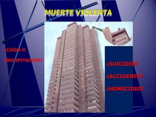 ¿CAÍDA O

PRECIPITACION?
                 ¿SUICIDIO?

                 ¿ACCIDENTE?

                 ¿HOMICIDIO?
 