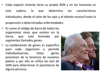 • Cada especie viviente tiene su propio ADN y en los humanos es
  esta    cadena     la    que     determina      las    características
  individuales, desde el color de los ojos y el talento musical hasta la
  propensión a determinadas enfermedades.
• Es como el código de barra de todos los
  organismos vivos que existen en la
  tierra, que está formado por
  segmentos llamados genes.
• La combinación de genes es específica
  para cada organismo y permite
  individualizarnos.    Estos       genes
  provienen de la herencia de nuestros
  padres y por ello se utiliza los test de
  ADN para determinar el parentesco de
  alguna persona.
 