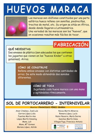HUEVOS MARACA
                   Las maracas son idiófonos constituidos por una parte
                   esférica hueca rellena con semillas, piedrecillas,
                   trocitos de metal, etc. Su origen se sitúa en África,
                   desde donde llegaron a Latinoamérica.
                   Una variedad de las maracas son los “huevos”, que
                   en ocasiones resultan más fáciles de tocar.



                                          FABRICACIÓN
QUÉ NECESITAS
Dos envases de plástico (son adecuados los que contienen
los juguetes que vienen en los “huevos Kinder” u otras
golosinas). Arroz.


        CÓMO SE CONSTRUYE
        Rellena ambos envases con distintas cantidades de
        arroz. De este modo obtendrás dos sonidos
        diferentes.


                        CÓMO SE TOCA
                        Sujetando cada huevo maraca con una mano
                        y agitándolos rítmicamente.



SOL DE PORTOCARRERO - INTERNIVELAR
                     Monitor: FRANCISCO PÉREZ IBARRA
      Amat Jiménez, José Luís                  Novoa Martin Minerva
        Carrion López Lidia                     Romera López, Lucía
        Fuentes Martin Ana                  Rubio Navarro, María Darina
       López Martín Inmaling                    Sanchez Martín Inma
             Mane, Loli                   Villegas Puga, Francisco Antonio
         Mane, Mª Carmen
       Moreno López, Adrián
 