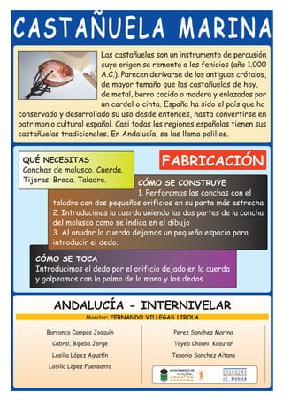 CASTAÑUELA MARINA
                        Las castañuelas son un instrumento de percusión
                        cuyo origen se remonta a los fenicios (año 1.000
                        A.C.). Parecen derivarse de los antiguos crótalos,
                        de mayor tamaño que las castañuelas de hoy,
                        de metal, barro cocido o madera y enlazados por
                        un cordel o cinta. España ha sido el país que ha
conservado y desarrollado su uso desde entonces, hasta convertirse en
patrimonio cultural español. Casi todas las regiones españolas tienen sus
castañuelas tradicionales. En Andalucía, se las llama palillos.


 QUÉ NECESITAS
 Conchas de molusco. Cuerda.
                                            FABRICACIÓN
 Tijeras. Broca. Taladro.         CÓMO SE CONSTRUYE
                                  1. Perforamos las conchas con el
          taladro con dos pequeños orificios en su parte más estrecha
          2. Introducimos la cuerda uniendo las dos partes de la concha
          del molusco como se indica en el dibujo
          3. Al anudar la cuerda dejamos un pequeño espacio para
          introducir el dedo.

     CÓMO SE TOCA
     Introducimos el dedo por el orificio dejado en la cuerda
     y golpeamos con la palma de la mano y los dedos


          ANDALUCÍA - INTERNIVELAR
                      Monitor: FERNANDO VILLEGAS LIROLA

        Barranco Campos Joaquín                Perez Sanchez Marina

          Cabral, Bipeba Jorge                 Tayeb Chouni, Kaoutar

          Losilla López Agustín                Tenorio Sanchez Aitana

         Losilla López Fuensanta
 