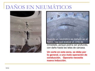 MSM
DAÑOS EN NEUMÁTICOS
Cuando un neumático es dañado en el
flanco, hay que evaluar el corte de
inmediato, porque podría ser profundo,
con daño hasta las telas de carcasa.
Un corte en esta zona, se debe por
lo general, a una mala operación de
conducción. Operario necesita
nueva inducción.
 