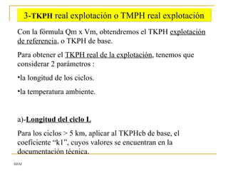 MSM
3-TKPH real explotación o TMPH real explotación
Con la fórmula Qm x Vm, obtendremos el TKPH explotación
de referencia, o TKPH de base.
Para obtener el TKPH real de la explotación, tenemos que
considerar 2 parámetros :
•la longitud de los ciclos.
•la temperatura ambiente.
a)-Longitud del ciclo L
Para los ciclos > 5 km, aplicar al TKPHcb de base, el
coeficiente “k1”, cuyos valores se encuentran en la
documentación técnica.
 