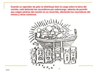 MSM
Cuando un operador de pala no distribuye bien la carga sobre la tolva del
camión, está dañando los neumáticos por sobrecarga, además de permitir
que caigan piedras del camión en su recorrido, afectando los neumáticos del
mismo y otros camiones.
 