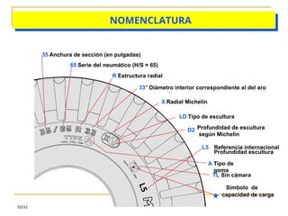 MSM
NOMENCLATURA
L
5
A Tipo de
goma

Símbolo de
capacidad de carga
35 Anchura de sección (en pulgadas)
65 Serie del neumático (H/S = 65)
R Estructura radial
33" Diámetro interior correspondiente al del aro
X Radial Michelin
LD Tipo de escultura
D2 Profundidad de escultura
según Michelin
TL Sin cámara
L5 Referencia internacional
Profundidad escultura
 