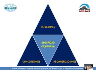 Primer Congreso Internacional en el marco del Acuerdo por la Seguridad Ciudadana
REFLEXIONES
SEGURIDAD
CIUDADANA
CONCLUSIONES RECOMENDACIONES
 