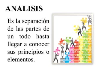 ANALISIS
Es la separación
de las partes de
un todo hasta
llegar a conocer
sus principios o
elementos.
 
