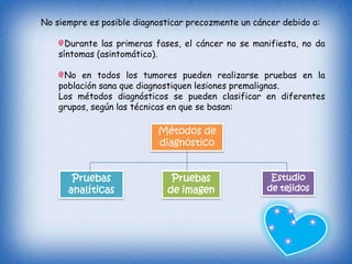 No siempre es posible diagnosticar precozmente un cáncer debido a:

      Durante las primeras fases, el cáncer no se manifiesta, no da
    síntomas (asintomático).

     No en todos los tumores pueden realizarse pruebas en la
    población sana que diagnostiquen lesiones premalignas.
    Los métodos diagnósticos se pueden clasificar en diferentes
    grupos, según las técnicas en que se basan:

                           Métodos de
                           diagnóstico


       Pruebas                Pruebas                 Estudio
      analíticas             de imagen               de tejidos
 