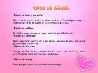 •Cáncer de boca y garganta:

Ulceraciones que no cicatrizan, dolor de oídos, dificultad para tragar o
masticar, pérdida de ajuste en las dentaduras postizas.

•Cáncer de esófago:

Dificultad progresiva para tragar, vómitos, pérdida de peso.
•Cáncer de estómago:

Dolor abdominal, vómito con y sin sangre, pérdida de peso, dificultad
para realizar la digestión.
•Cáncer de intestino:

Sangre en las heces, cambios en el ritmo para defecar, tanto
estreñimiento como diarrea, dolor abdominal.

•Cáncer de laringe:

Ronquera persistente, expectoración con sangre.
 
