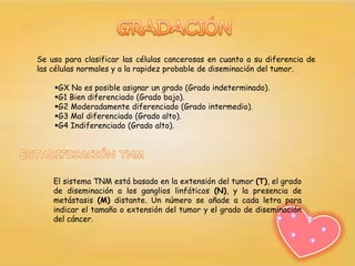 Se usa para clasificar las células cancerosas en cuanto a su diferencia de
las células normales y a la rapidez probable de diseminación del tumor.

    GX No es posible asignar un grado (Grado indeterminado).
    G1 Bien diferenciado (Grado bajo).
    G2 Moderadamente diferenciado (Grado intermedio).
    G3 Mal diferenciado (Grado alto).
    G4 Indiferenciado (Grado alto).




    El sistema TNM está basado en la extensión del tumor (T), el grado
    de diseminación a los ganglios linfáticos (N), y la presencia de
    metástasis (M) distante. Un número se añade a cada letra para
    indicar el tamaño o extensión del tumor y el grado de diseminación
    del cáncer.
 