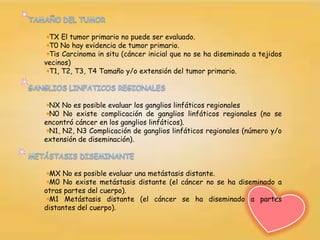 TX El tumor primario no puede ser evaluado.
 T0 No hay evidencia de tumor primario.
 Tis Carcinoma in situ (cáncer inicial que no se ha diseminado a tejidos
vecinos)
 T1, T2, T3, T4 Tamaño y/o extensión del tumor primario.



 NX No es posible evaluar los ganglios linfáticos regionales
 N0 No existe complicación de ganglios linfáticos regionales (no se
encontró cáncer en los ganglios linfáticos).
 N1, N2, N3 Complicación de ganglios linfáticos regionales (número y/o
extensión de diseminación).



 MX No es posible evaluar una metástasis distante.
 M0 No existe metástasis distante (el cáncer no se ha diseminado a
otras partes del cuerpo).
 M1 Metástasis distante (el cáncer se ha diseminado a partes
distantes del cuerpo).
 