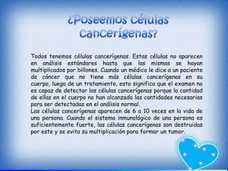 Todos tenemos células cancerígenas. Estas células no aparecen
en análisis estándares hasta que las mismas se hayan
multiplicados por billones. Cuando un médico le dice a un paciente
de cáncer que no tiene más células cancerígenas en su
cuerpo, luego de un tratamiento, esto significa que el examen no
es capaz de detectar las células cancerígenas porque la cantidad
de ellas en el cuerpo no han alcanzado las cantidades necesarias
para ser detectadas en el análisis normal.
Las células cancerígenas aparecen de 6 a 10 veces en la vida de
una persona. Cuando el sistema inmunológico de una persona es
suficientemente fuerte, las células cancerígenas son destruidas
por este y se evita su multiplicación para formar un tumor.
 