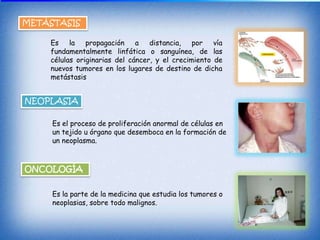 METÁSTASIS

    Es    la   propagación    a   distancia,   por   vía
    fundamentalmente linfática o sanguínea, de las
    células originarias del cáncer, y el crecimiento de
    nuevos tumores en los lugares de destino de dicha
    metástasis


NEOPLASIA

     Es el proceso de proliferación anormal de células en
     un tejido u órgano que desemboca en la formación de
     un neoplasma.



ONCOLOGÍA


     Es la parte de la medicina que estudia los tumores o
     neoplasias, sobre todo malignos.
 