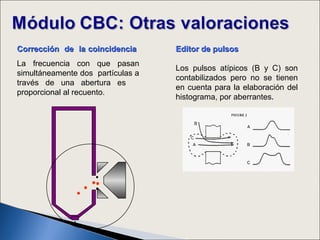 Corrección de la coincidencia      Editor de pulsos
La frecuencia con que pasan
                                   Los pulsos atípicos (B y C) son
simultáneamente dos partículas a
                                   contabilizados pero no se tienen
través de una abertura es
                                   en cuenta para la elaboración del
proporcional al recuento.
                                   histograma, por aberrantes.
 
