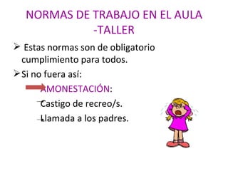 NORMAS DE TRABAJO EN EL AULA -TALLER Estas normas son de obligatorio cumplimiento para todos. Si no fuera así:  AMONESTACIÓN : Castigo de recreo/s. Llamada a los padres. 