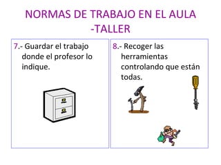 NORMAS DE TRABAJO EN EL AULA -TALLER 7 .- Guardar el trabajo donde el profesor lo indique. 8 .- Recoger las herramientas controlando que están todas. 