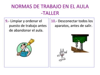 NORMAS DE TRABAJO EN EL AULA -TALLER 9 .- Limpiar y ordenar el puesto de trabajo antes de abandonar el aula. 10 .- Desconectar todos los aparatos, antes de salir. 