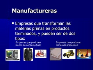 Manufactureras <ul><li>Empresas que transforman las materias primas en productos terminados, y pueden ser de dos tipos: </...