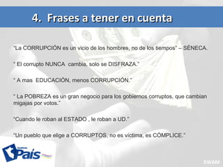 “La CORRUPCIÓN es un vicio de los hombres, no de los tiempos” – SÉNECA.
“ El corrupto NUNCA cambia, solo se DISFRAZA.”
“ A mas EDUCACIÓN, menos CORRUPCIÓN.”
“ La POBREZA es un gran negocio para los gobiernos corruptos, que cambian
migajas por votos.”
“Cuando le roban al ESTADO , le roban a UD.”
“Un pueblo que elige a CORRUPTOS, no es víctima, es CÓMPLICE.”
4. Frases a tener en cuenta4. Frases a tener en cuenta
EWAM
 