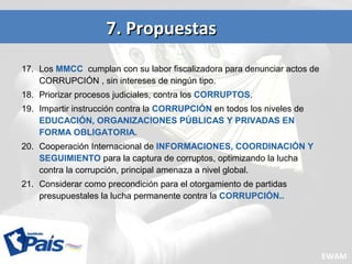 17. Los MMCC cumplan con su labor fiscalizadora para denunciar actos de
CORRUPCIÓN , sin intereses de ningún tipo.
18. Priorizar procesos judiciales, contra los CORRUPTOS.
19. Impartir instrucción contra la CORRUPCIÓN en todos los niveles de
EDUCACIÓN, ORGANIZACIONES PÚBLICAS Y PRIVADAS EN
FORMA OBLIGATORIA.
20. Cooperación Internacional de INFORMACIONES, COORDINACIÓN Y
SEGUIMIENTO para la captura de corruptos, optimizando la lucha
contra la corrupción, principal amenaza a nivel global.
21. Considerar como precondición para el otorgamiento de partidas
presupuestales la lucha permanente contra la CORRUPCIÓN..
7. Propuestas7. Propuestas
EWAM
 