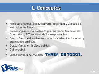• Principal amenaza del Desarrollo, Seguridad y Calidad de
Vida de la población.
• Preocupación de la población por permanentes actos de
Corrupción y NO condena de los responsables.
• Desconfianza del pueblo en sus autoridades, instituciones y
organismos públicos.
• Desconfianza en la clase política.
• Delito global.
• Lucha contra la Corrupción - TAREA DE TODOS.TAREA DE TODOS.
1. Conceptos1. Conceptos
EWAM
 