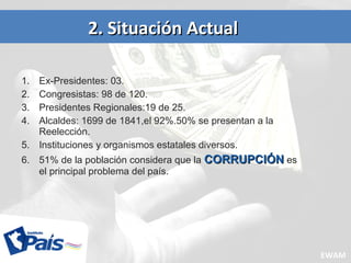 1. Ex-Presidentes: 03.
2. Congresistas: 98 de 120.
3. Presidentes Regionales:19 de 25.
4. Alcaldes: 1699 de 1841,el 92%.50% se presentan a la
Reelección.
5. Instituciones y organismos estatales diversos.
6. 51% de la población considera que la CORRUPCIÓNCORRUPCIÓN es
el principal problema del país.
2.2. SituaciónSituación ActualActual
EWAM
 