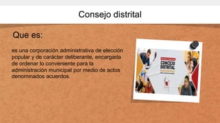 Que es:
es una corporación administrativa de elección
popular y de carácter deliberante, encargada
de ordenar lo conveniente para la
administración municipal por medio de actos
denominados acuerdos.
Consejo distrital
 