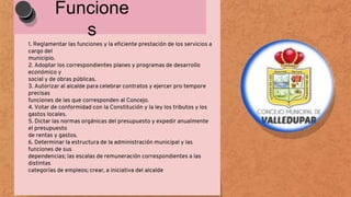 Funcione
s
1. Reglamentar las funciones y la eficiente prestación de los servicios a
cargo del
municipio.
2. Adoptar los correspondientes planes y programas de desarrollo
económico y
social y de obras públicas.
3. Autorizar al alcalde para celebrar contratos y ejercer pro tempore
precisas
funciones de las que corresponden al Concejo.
4. Votar de conformidad con la Constitución y la ley los tributos y los
gastos locales.
5. Dictar las normas orgánicas del presupuesto y expedir anualmente
el presupuesto
de rentas y gastos.
6. Determinar la estructura de la administración municipal y las
funciones de sus
dependencias; las escalas de remuneración correspondientes a las
distintas
categorías de empleos; crear, a iniciativa del alcalde
 