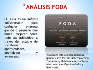 *
El FODA es un análisis
indispensable para
cualquier empresa
grande o pequeña que
busca mejorar sobre
todo sus utilidades, a
través del estudio de
fortalezas,
oportunidades,
debilidades y
amenazas.
Para hacer este análisis debemos
agrupar estos factores internos como
(Fortalezas y Debilidades) y factores
externos como (Oportunidades y
Amenazas).
 