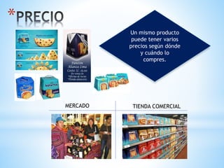 *
Un mismo producto
puede tener varios
precios según dónde
y cuándo lo
compres.
MERCADO TIENDA COMERCIAL
 