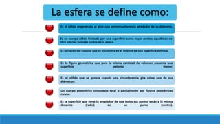 La esfera se define como:
Es el sólido engendrado al girar una semicircunferencia alrededor de su diámetro.
Es un cuerpo sólido limitado por una superficie curva cuyos puntos equidistan de
otro interior llamado centro de la esfera.
Es la región del espacio que se encuentra en el interior de una superficie esférica.
Es la figura geométrica que para la misma cantidad de volumen presenta una
superficie externa menor.
Es el sólido que se genera cuando una circunferencia gira sobre uno de sus
diámetros.
Un cuerpo geométrico compuesto total o parcialmente por figuras geométricas
curvas.
Es la superficie que tiene la propiedad de que todos sus puntos están a la misma
distancia (radio) de un punto (centro).
 
