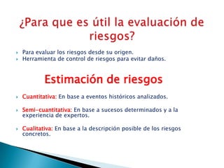 ¿Para que es útil la evaluación de riesgos?Para evaluar los riesgos desde su origen.Herramienta de control de riesgos para evitar daños.        Estimación de riesgosCuantitativa: En base a eventos históricos analizados.Semi-cuantitativa: En base a sucesos determinados y a la experiencia de expertos.Cualitativa: En base a la descripción posible de los riesgos concretos.