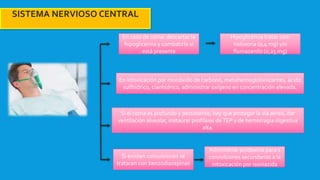 SISTEMA NERVIOSO CENTRAL
Si el coma es profundo y persistente, hay que proteger la vía aérea, dar
ventilación alveolar, instaurar profilaxis deTEP y de hemorragia digestiva
alta.
En caso de coma: descartar la
hipoglicemia y combatirla si
está presente
Si existen convulsiones se
trataran con benzodiazepinas
En intoxicación por monóxido de carbono, metahemoglobinizantes, ácido
sulfhídrico, cianhídrico, administrar oxígeno en concentración elevada.
Hipoglicemia tratar con:
naloxona (0,4 mg) y/o
flumazenilo (0,25 mg)
Administrar piridoxina para s
convulsiones secundarias a la
intoxicación por isoniazida
 