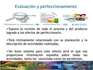 Evaluación y perfeccionamiento
Supone la revisión de todo el proceso y del producto
logrado a los efectos de perfeccionarlo.
Está íntimamente relacionado con su planeación y la
descripción de actividades realizadas.
Un buen sistema para este efecto será el que nos
proporcione información expedita sobre todas las
actividades, tanto las concluidas como las pendientes.
 