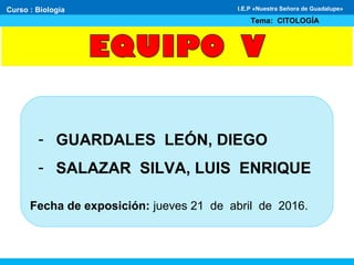 - GUARDALES LEÓN, DIEGO
- SALAZAR SILVA, LUIS ENRIQUE
Fecha de exposición: jueves 21 de abril de 2016.
Curso : Biología
Tema: CITOLOGÍA
I.E.P «Nuestra Señora de Guadalupe»
 