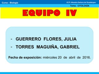 - GUERRERO FLORES, JULIA
- TORRES MAGUIÑA, GABRIEL
Fecha de exposición: miércoles 20 de abril de 2016.
Curso : Biología
Tema: CITOLOGÍA
I.E.P «Nuestra Señora de Guadalupe»
 