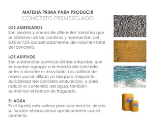 MATERIA PRIMA PARA PRODUCIR

CONCRETO PREMEZCLADO
LOS AGREGADOS
Son piedras y arenas de diferentes tamaños que
se obtienen de las canteras y representan del
60% al 75% aproximadamente, del volumen total
del concreto.
LOS ADITIVOS
Son substancias químicas sólidas o líquidas, que
se pueden agregar a la mezcla del concreto
antes o durante el mezclado. Los aditivos de
mayor uso se utilizan ya sea para mejorar la
durabilidad del concreto endurecido, o para
reducir el contenido del agua, también
aumentan el tiempo de fraguado.
EL AGUA
Es el líquido más valioso para una mezcla, siendo
su función el reaccionar químicamente con el
cemento.

 